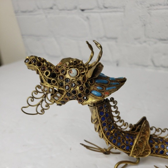 Vintage Asian Gemstone Inlaid Brass Filigree Dragon Sculpture, Himalayan Folk... - Picture 7 of 12